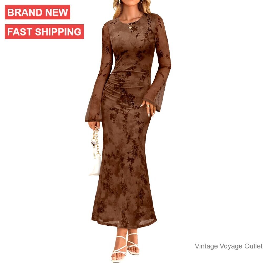 Long Sleeve Floral Bodycon Maxi Dress, Ruched Mesh, Wedding Guest Cocktail
